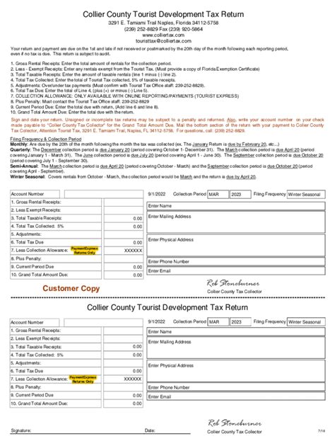 Collier county tourist tax. 4th quarter previous year tourist tax is due on January 20th. February. Receive a 1% discount on real estate and personal property taxes. 4th installment tax bill mailed the last week of February. March. Reminder tax bills are mailed in March Property Tax, real estate and personal property must be paid in full by March 31st. 