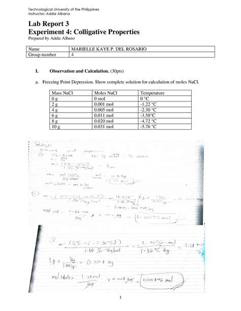 Colligative Properties Lab Report Answers