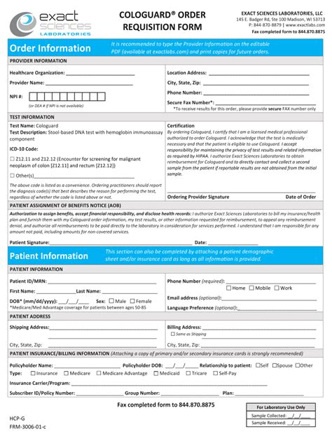 The Cologuard order form is a document used to request Cologuard, a noninvasive colon cancer screening test. The form is typically completed by a healthcare professional or a patient and includes information such as personal details, insurance information, and physician ordering information. Once completed, the order form is submitted to the .... 