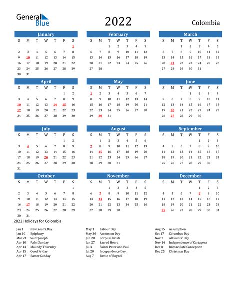 Colombia Calendar 2022