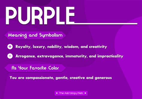 Color meaning purple. Nov 27, 2022 · The color purple is an enigmatic hue that has been used to convey a wide range of symbolic meanings and significance throughout history. In ancient times, the color was often associated with royalty and power, while in modern society it can signify creativity, uniqueness, strength, wisdom, and more. 
