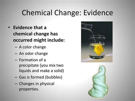 Color physical or chemical. Color changes indicate chemical change. The following reaction occurs: Fe +O2 → Fe2O3 Fe + O 2 → Fe 2 O 3. Physical: because none of the properties changed, this is a physical change. The green mixture is still green and the colorless solution is still colorless. They have just been spread together. 
