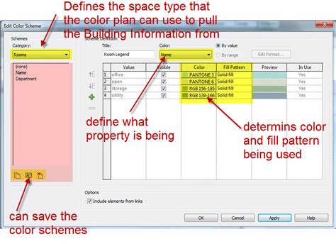 Color scheme revit. Make sure the material has a color assigned to it or it will still look boring gray. Open a floor plan view or section view. Click Annotate tab Color Fill panel (Legend). Click in the drawing area to place the color fill legend. In the Choose Space Type and Color Scheme dialog, select the space type and color scheme, and click OK. 