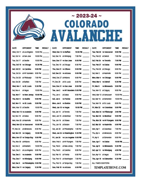Colorado Avalanche Printable Schedule