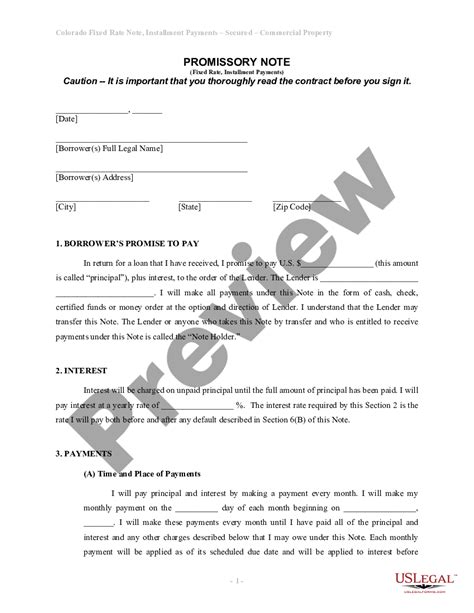 Colorado Installments Fixed Rate Promissory Note Secured by Commercial