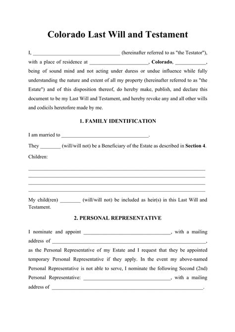 Colorado Last Will and Form Fill Out and Sign Printable PDF Template