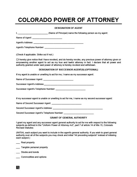 Colorado Statutory Short Form Power of Attorney Legal Forms and