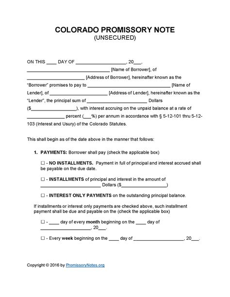 Colorado Unsecured Promissory Note Template Promissory Notes