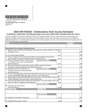 Colorado alternative minimum taxable income is the federal alternative minimum taxable income modified by any . applicable additions and subtractions. Enter on line 2 of form . DR 0104AMT the sum of lines 3 and 4, form DR 0104. Enter on line 4 of form DR 0104AMT the sum of all subtractions entered on the DR 0104AD excluding the State Income Tax