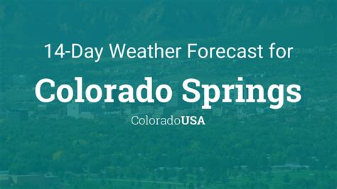 14 Day Weather Colorado Springs. This chart shows the 14 day weather trend for Colorado Springs (Colorado, United States) with daily weather symbols, minimum and maximum temperatures, precipitation amount and probability. The deviance is coloured within the temperature graph. The stronger the ups and downs, the more uncertain the …