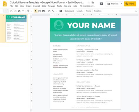 Colorful Resume Template Google Slides Format Easily Export to PDF