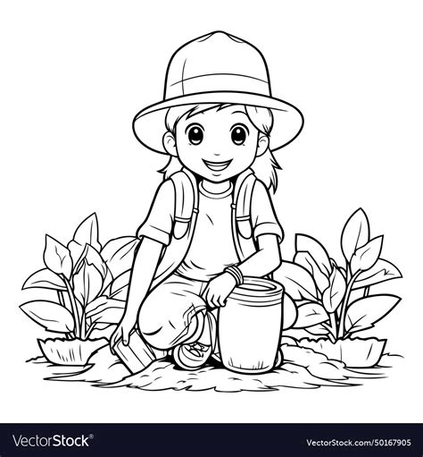 Coloring page outline of a gardener with can Vector Image