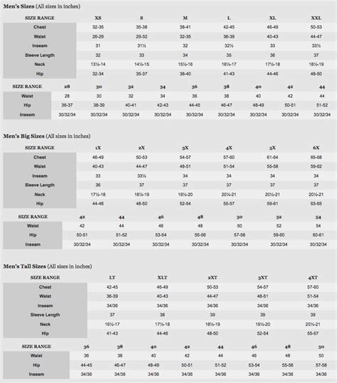 Columbia Men's Size Chart