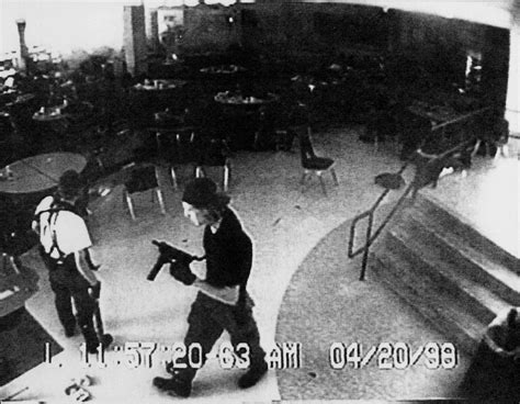 Columbine security footage. I was particularly moved by the "Wonderful World" newsreel sequence and the Columbine security footage. The film included a Marilyn Manson interview, which are always fun. Interestingly enough, Manson was more articulate than Charleton Heston-- who nearly stuck his foot in his mouth on multiple occasions. 