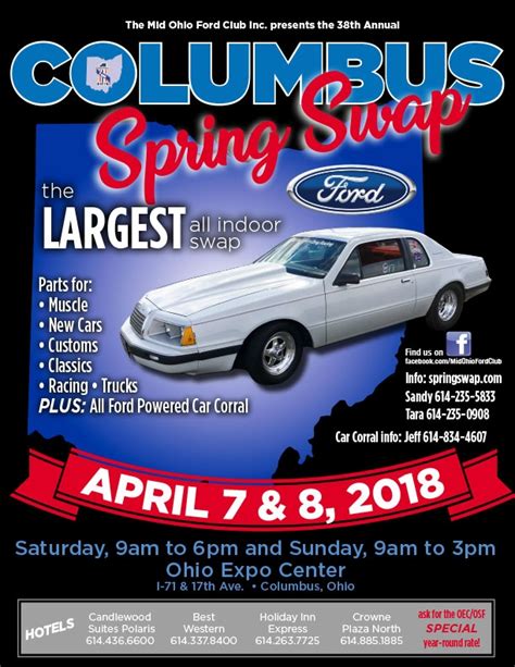 April 6 to April 7, 2024 9am-5pm. Mid Ohio Ford Club presents Columbus Spring Swap. All Ford, Lincoln and Mercury parts and all Ford powered car corral. April 6th 9am-5pm, April 7th 9am-2pm. Sponsor: Mid Ohio Ford club. When: April 6 to April 7, 2024 9am-5pm. Ohio expo center I 71 & 17th ave. Columbus, OH 43211.. 