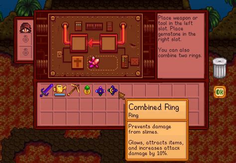 Combined ring stardew. The wedding ring recipe can be obtained at the Traveling Cart for 500g, and will then allow the player to craft a wedding ring with 5 Iridium Bars and a Prismatic Shard. Traveling Cart: The Traveling Cart is a shop that appears south of The Farm, in Cindersap Forest, on Fridays and Sundays. It also appears each day of the Night Market (Winter ... 