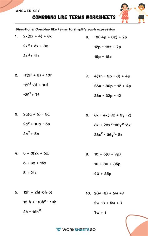 Combining Like Terms Worksheet Answers