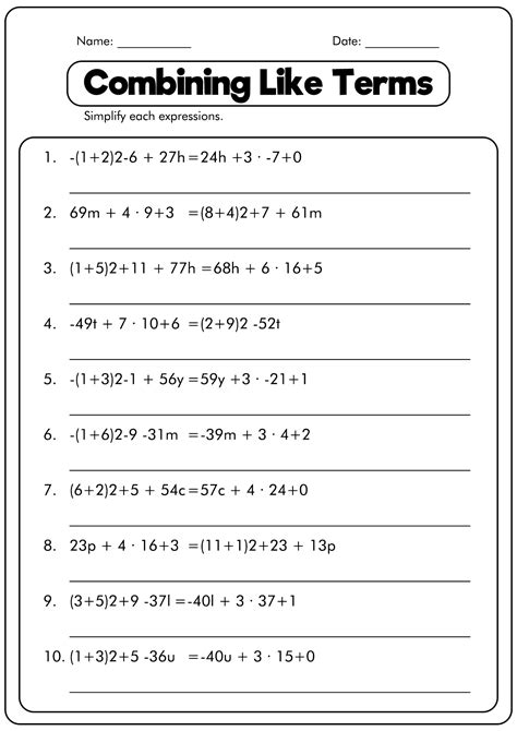 Combining like terms worksheet answers. Step 1: Identify the like terms. Step 2: Rewrite the coefficients of like terms so that all of the like terms can be added. If there are fractional coefficients, common denominators are needed ... 