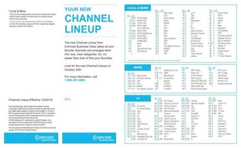See the available channel lineup included in Business TV service from Comcast Business including packages for recreational or professional settings. Channel Lineup Our Business TV channel lineup offers you tons of amazing shows, sports, music, live events, news, …. 