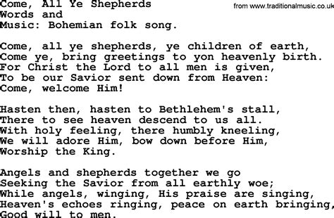 Come, All Ye Shepherds Lyrics - Christmas Carols