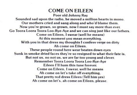 Come on eileen lyrics. Come On Eileen Lyrics by Dexys Midnight Runners from the Top of the Pops Collection [43 CD] album- including song video, artist biography, translations and more: Come on Eileen Come on Eileen Poor old Johnny Ray Sounded sad upon the radio But he moved a million hearts in mon… 