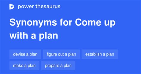 Come up with a plan synonym. devise a plan. n. come up with a plan. n. draw up a plan. n. elaborate a plan. n. produce a plan. 