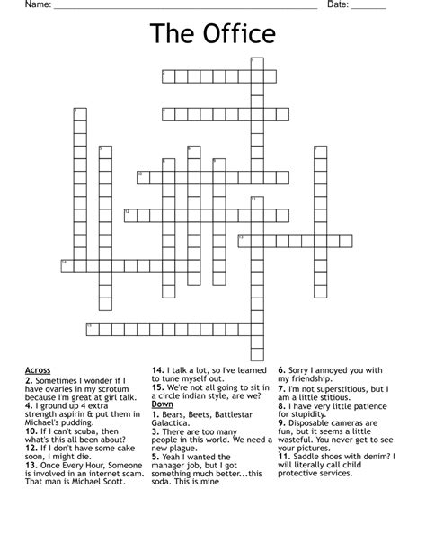 Find the latest crossword clues from New York Times Crosswords, LA Times Crosswords and many more. Enter Given Clue. Number of Letters (Optional) ... Comedian Mindy of "The Office" 3% 4 OVAL: Like a famous office 3% 3 RAN: Sought office 3% 4 BOSS: Office leader 3% 4 DESK: Office fixture .... 