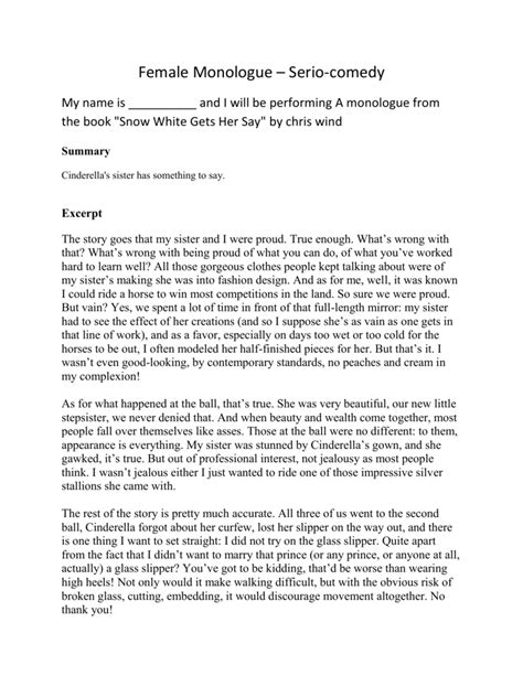Solid comedic monologue; versatile and appropriate for women late twenties, middle aged, senior. Source: 222 More Comedy Monologues 2 Minutes and Under Vol 5. Monologue Categories: Funny Awkward Monologues, Professional Female Comedic Monologues, Comedic Monologues for Middle Aged Actresses. Friday Night is for …. 