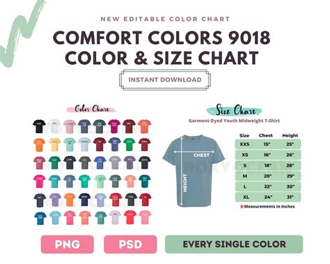 Comfort Colors 9018 Color Chart Digital File Color and Size Etsy