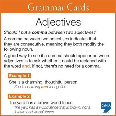 Commas between adjectives. The comma rule comes down to the difference between two kinds of adjectives: coordinate adjectives and cumulative adjectives. Just remember that if you can reverse your two adjectives or can place an “and” between them, you need a comma. 