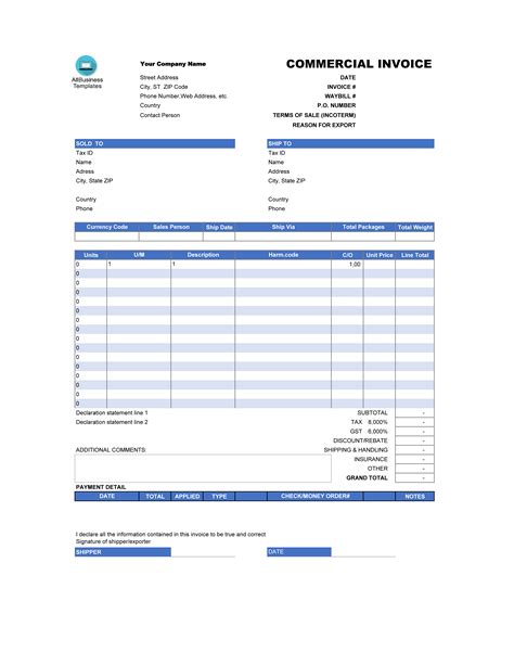 Commercial Invoice Template Free