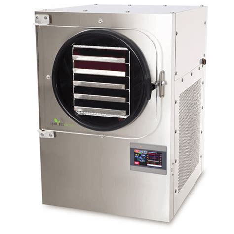 Commercial freeze dryer. Commercial freeze dryers can be 100 feet long and cost over $100,00.00! Freeze dryers for home use are generally 2 feet tall by 2 feet wide and fortunately do not cost $100,00.00. Freeze dryers vacuum the water out of food, leaving you with delicious, crunchy food that is perfect for food storage. The food can later be rehydrated with water. 