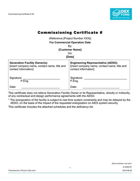 Commissioning certificate template in Word and Pdf formats