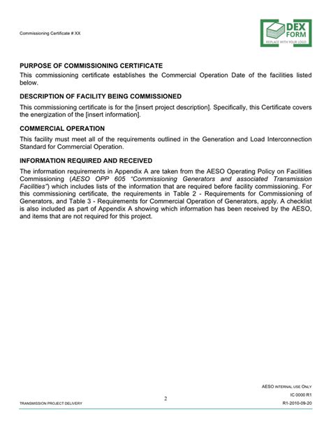 Commissioning certificate template in Word and Pdf formats page 2 of 6