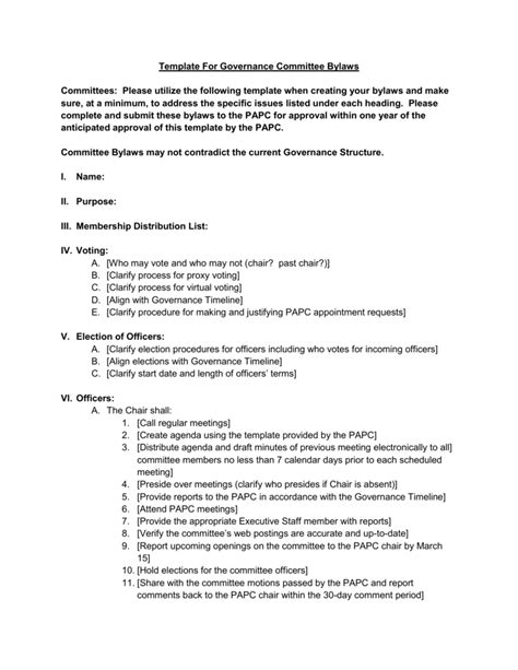 Committee bylaws template. Section 1 - Committee formation: The board may create ad hoc committees as needed, such as fund-raising, housing, public relations, data collection, etc. Standing committees shall include, but are not limited to: Executive Committee, Personnel Committee, Finance Committee, Audit Committee and Nominating Committee. 