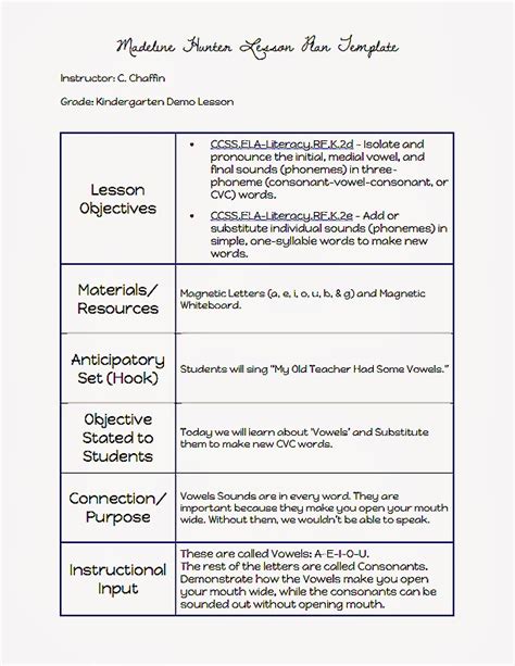Common Core Blogger Madeline Hunter Lesson Plan Template