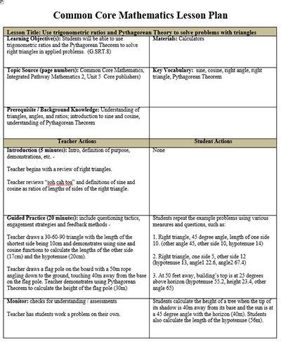 Common Core Math Lesson Plan Template Free