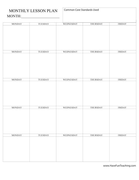 Common Core Monthly Lesson Plan Template Lesson plan templates, Monthly lesson plan template