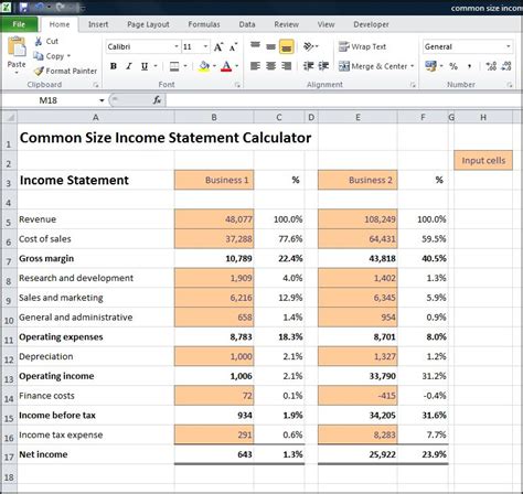 Common Size Statement Excel Formula