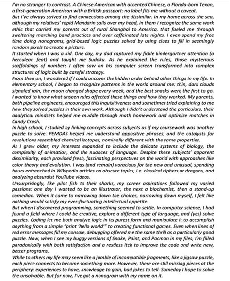 Common app essays. Admissions officers will use your essay to see how you stand out from the crowd. The context that admissions officers are looking for could be anything about you that differentiates you from other students. It could include your ethnic or socioeconomic background, your values, your passions, or anything else that sets you apart from your peers. 