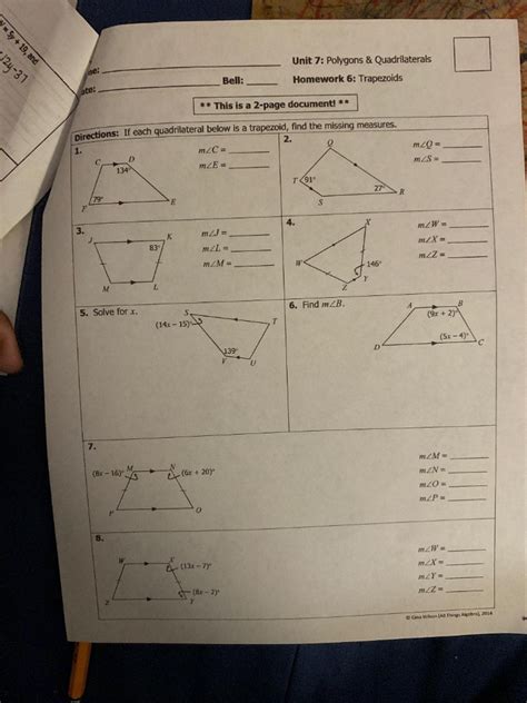 Common Core Geometry Unit 6 Quadrilaterals Lesson 2 Homework Ans