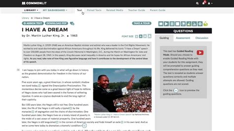 Commonlit i have a dream. Barbara Bloom discusses Cesar Chavez's activism to protect the rights of farm workers. 6th Grade. Biography. 1190L. View the CommonLit collection and filter by grade level, theme, genre, literacy device and common core standard. 