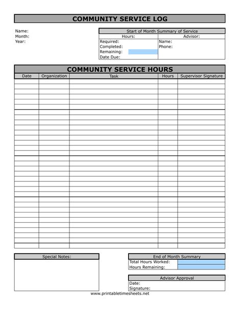 Community Service Time Sheet Template Community Service Hours Volunteer Hours Timesheet Template