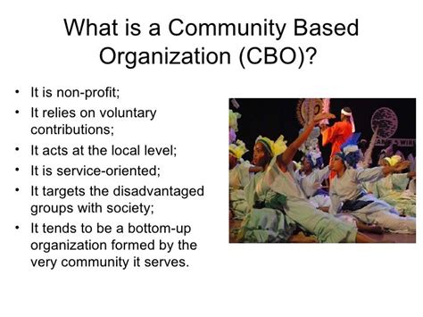 Examples. Typical community organizations fall into the 