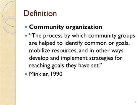 Community organization is the process of people coming together to address issues that matter to them. Community members developing plans for how the city can be a place where all its children do well. Neighbors …. 