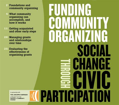 Community organzing. Answer: (D) Community organizing is a developmental service, with the goal of developing the people's self-reliance in dealing with community health problems. A, B and C are objectives of contributory objectives to this goal. An indicator of success in community organizing is when people are able to: 