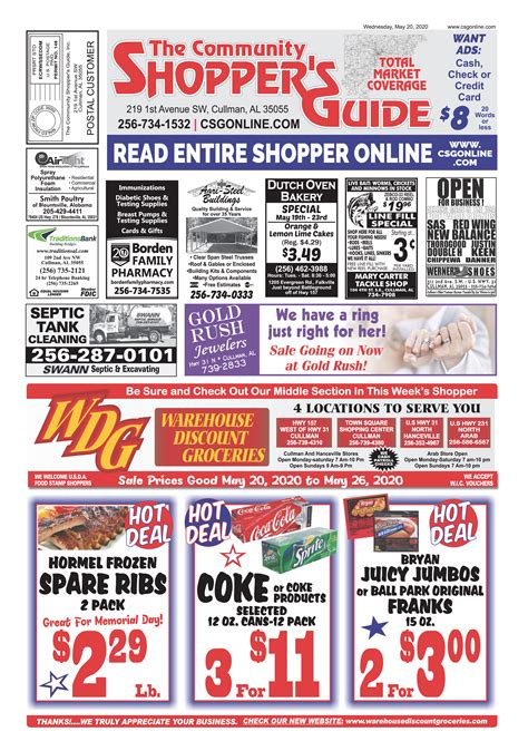 Community shopper's guide. Let us know the date of The Shopper you're needing and we'll print you one for $2.00 plus tax. BUY-SELL-RENT-TRADE The Community Shopper's Guide is published online and direct mailed in print to every household in Cullman County, every Wednesday. 