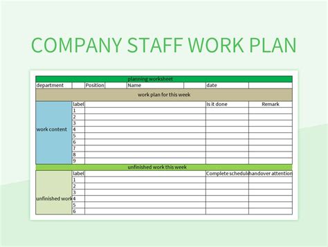 Company Staff Work Plan Excel Template And Google Sheets File For Free