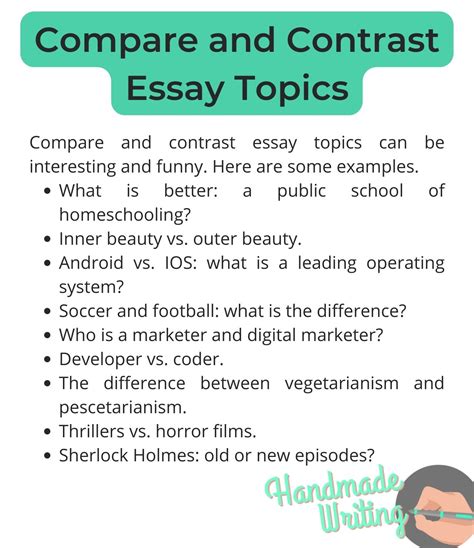 Compare and contrast essay ideas. Follow these essential steps to write an effective compare and contrast essay: Choose what two subjects to compare and contrast. Brainstorm similarities and differences between the two subjects. Develop a thesis statement and write an introduction. Write an analysis, using the block method or the point-by-point method. 