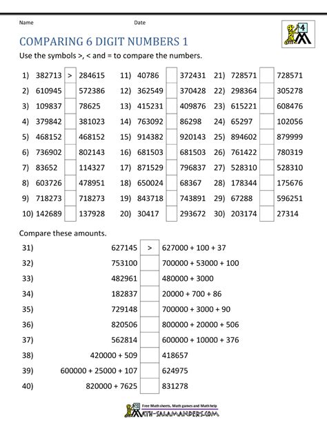 Comparing 6 Digit Numbers Worksheets